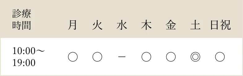 診療時間：10:00〜19:00、月・火・木・金・日祝は○、水曜は休診、土曜は◎（比較的予約が取りやすい）