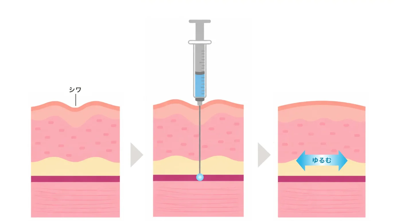 シワのある皮膚の断面、ボトックスを注射するところ、筋肉がゆるむところの3段階の図