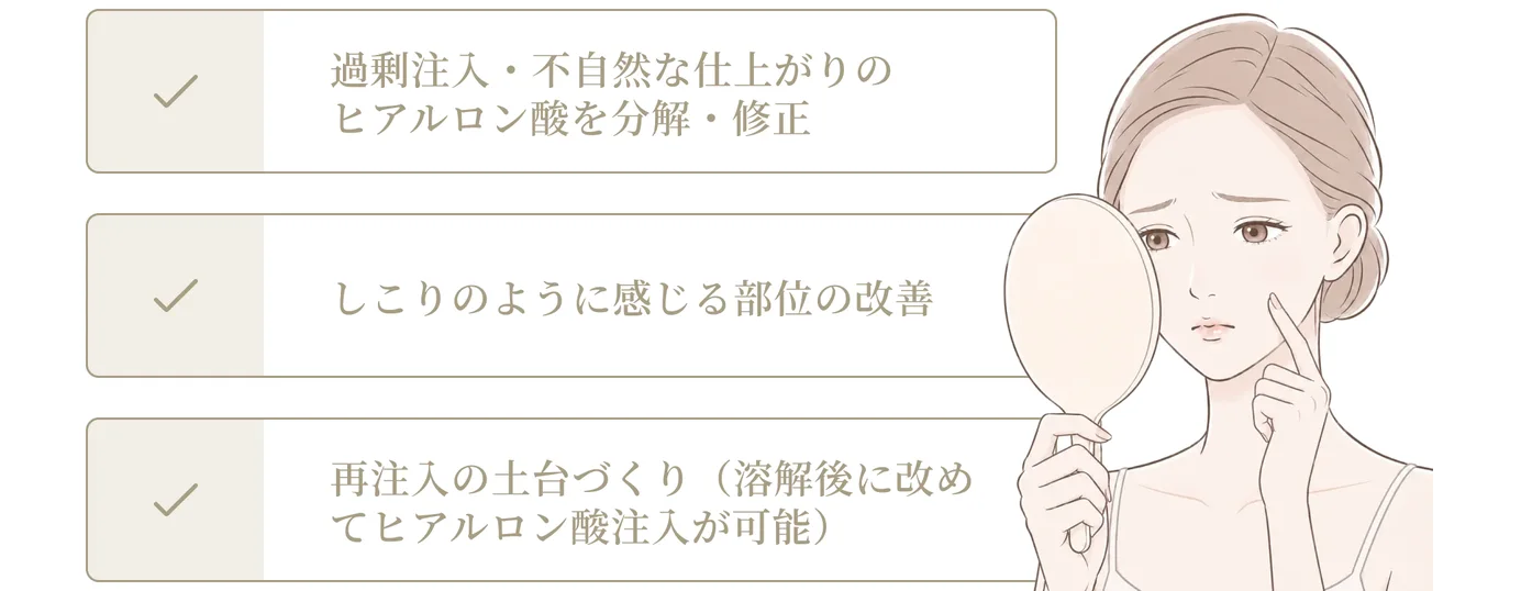 過剰注入・不自然な仕上がりのヒアルロン酸を分解・修正／しこりのように感じる部位の改善／再注入の土台づくり（溶解後に改めてヒアルロン酸注入が可能）