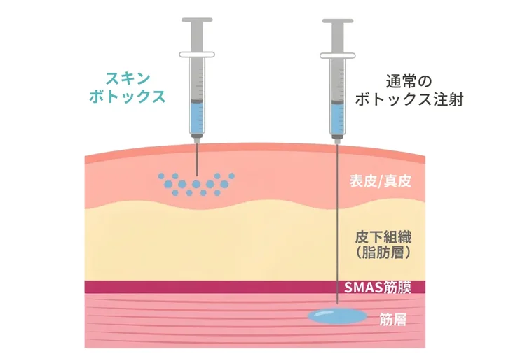 スキンボトックスは表皮・真皮の浅い層に、通常のボトックス注射は筋層に薬剤を入れることを示した断面図