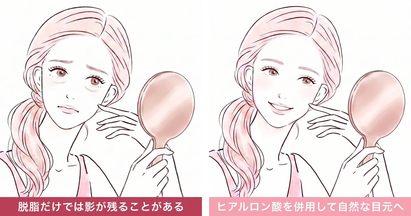 脱脂だけでは影が残ることがある／ヒアルロン酸を併用して自然な目元へ
