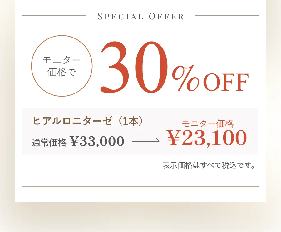 SPECIAL OFFER モニター価格で30%OFF ヒアルロニダーゼ1本 通常価格¥33,000 → モニター価格¥23,100（税込）